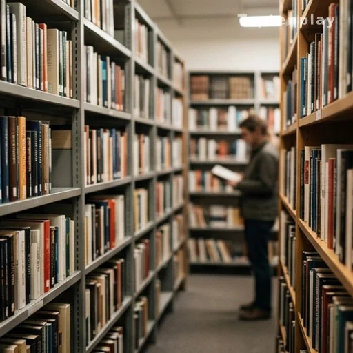 Intérieur d'une maison d'édition avec des rangées de livres et une silhouette floue