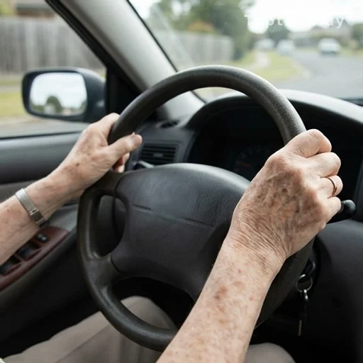 Mains d'un conducteur senior sur un volant de voiture