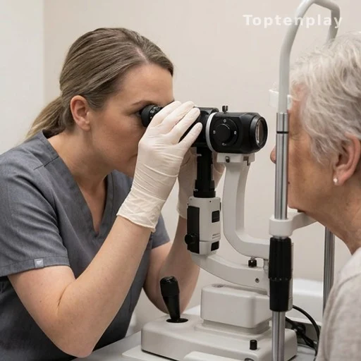 Examen de la vue d'un patient senior dans un cabinet médical