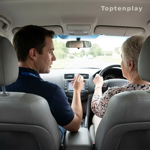 Moniteur d'auto-école accompagnant un conducteur senior lors d'une leçon pratique