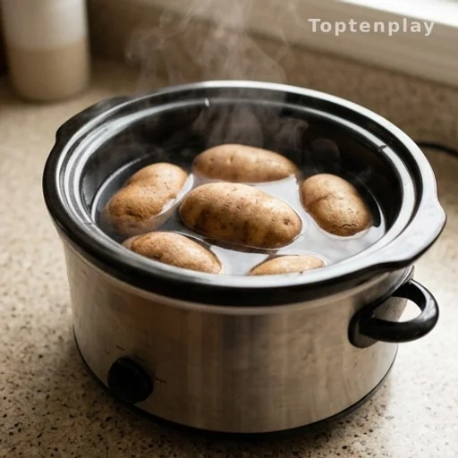 Pommes de terre entières en cours de cuisson dans un mijoteur ouvert