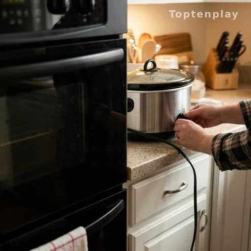 Mijoteur branché à côté d'un four fermé dans une cuisine de fête