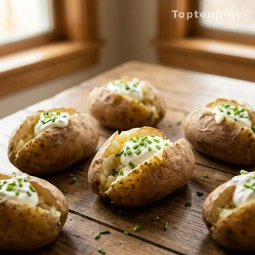 Pommes de terre cuites ouvertes garnies de crème et de ciboulette sur une table en bois