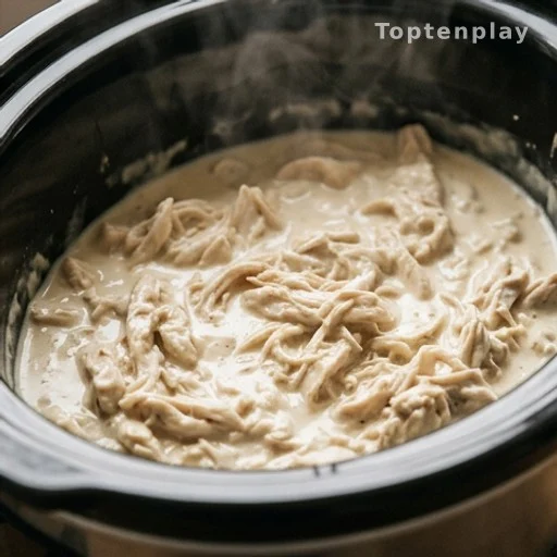 Poulet effiloché nappé d'une sauce crémeuse au fromage dans une cocotte mijoteuse
