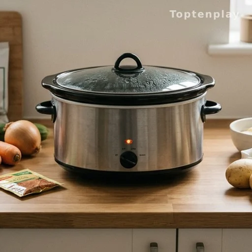Cocotte mijoteuse en fonctionnement sur un plan de travail de cuisine