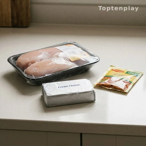 Les trois ingrédients de la recette: poulet, fromage à la crème et sachet d'épices