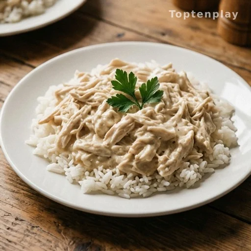 Assiette de poulet crémeux servi sur du riz blanc, présentation simple