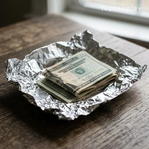 Billets de banque enveloppés dans du papier aluminium posés sur une table