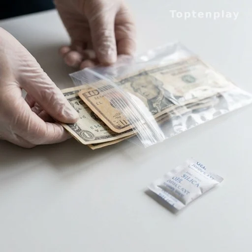 Billets secs glissés dans un sachet hermétique avec un sachet de gel de silice