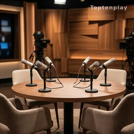 Plateau de talk-show télévisé avec table ronde et micros avant la rentrée