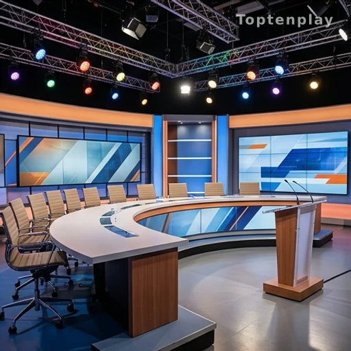 Studio de télévision coloré prêt pour un talk-show en prime time