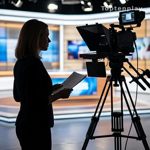 Journaliste en silhouette face à une caméra dans un studio de télévision
