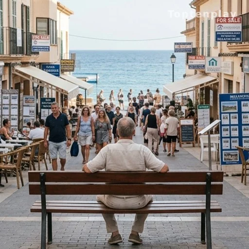 Retraité de dos face à la mer dans une ville côtière méditerranéenne surpeuplée