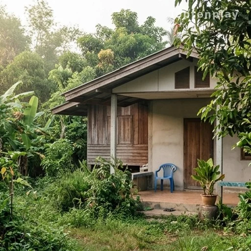 Maison modeste en zone rurale thaïlandaise entourée de végétation tropicale