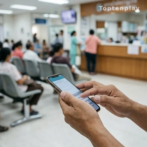 Mains tenant un smartphone dans une salle d'attente d'hôpital en Asie du Sud-Est