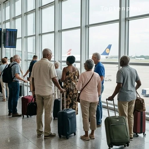 Retraités de dos avec bagages dans un hall de départ d'aéroport international