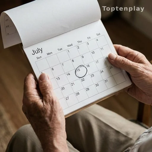 Mains d'une personne âgée tenant un calendrier de juillet avec une date entourée