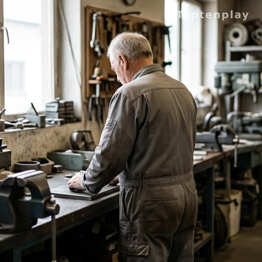 Travailleur senior de dos dans un atelier, illustrant le débat sur l'âge de départ à la retraite