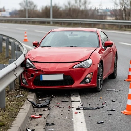 Voiture de sport endommagée contre une barrière de sécurité routière