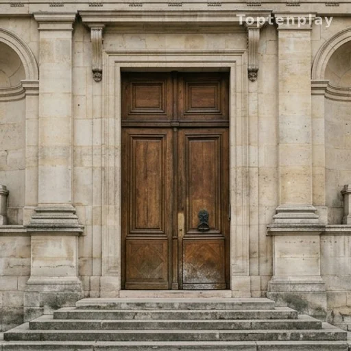 Façade d'un palais de justice français, pierre et grandes portes en bois