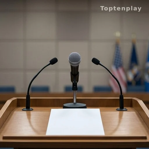 Pupitre avec communiqué officiel et microphones, séparation annoncée à la presse