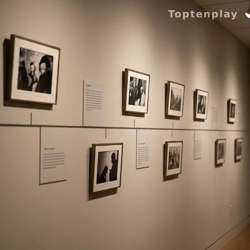 Frise chronologique avec cadres photos anonymisés illustrant une vie sentimentale publique