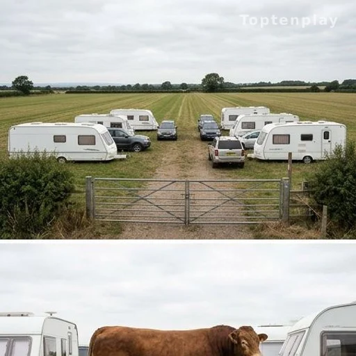 Caravanes stationnées illégalement sur un terrain agricole en Belgique
