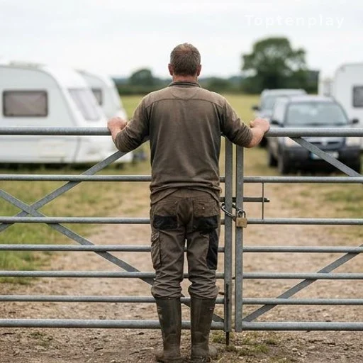 Agriculteur de dos devant une clôture verrouillée sur son exploitation