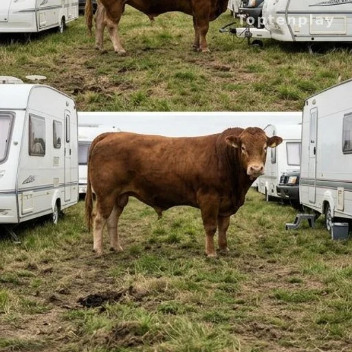 Taureau de 800 kg entre des caravanes sur un terrain agricole occupé
