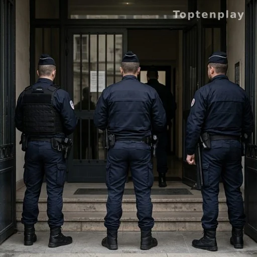 Forces de l'ordre positionnées à l'entrée d'une salle fermée