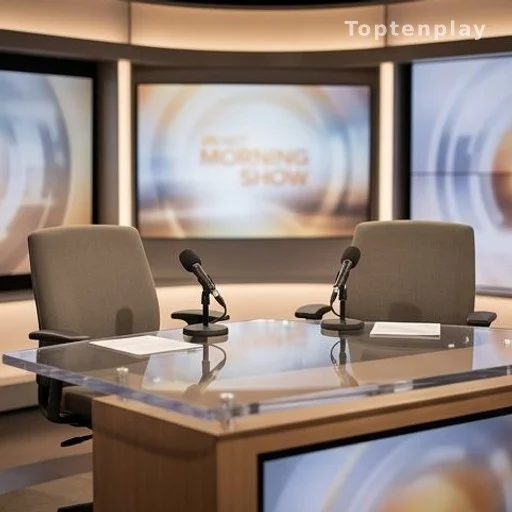 Plateau de matinale télévisée vide avec deux fauteuils et micros