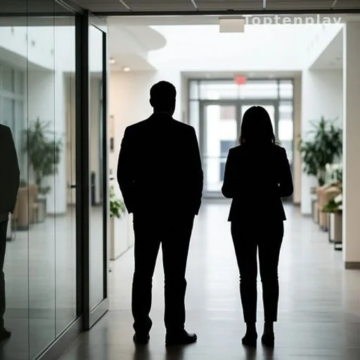 Deux silhouettes de présentateurs dans les couloirs d'un studio de télévision