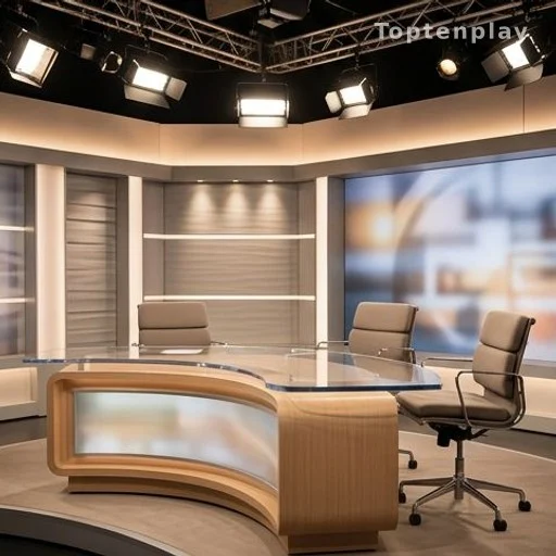 Plateau du talk-show C à vous avec bureau courbe et lumières de studio