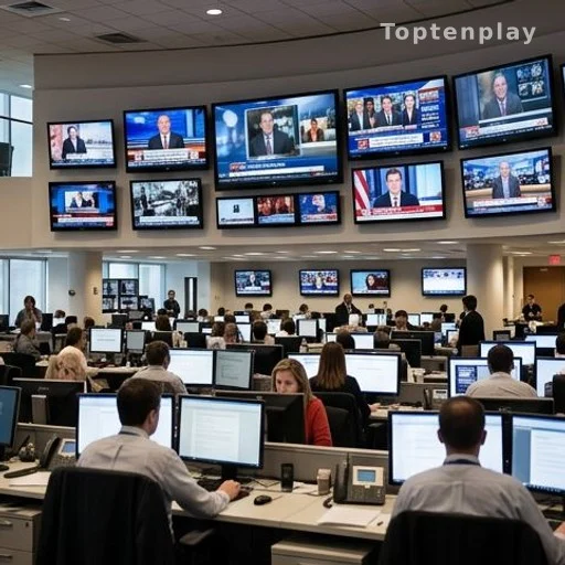 Salle de rédaction d'une chaîne de télévision publique avec écrans allumés