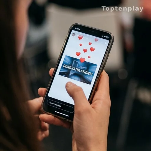 Smartphone affichant une story Instagram avec des cœurs rouges et un message de félicitations