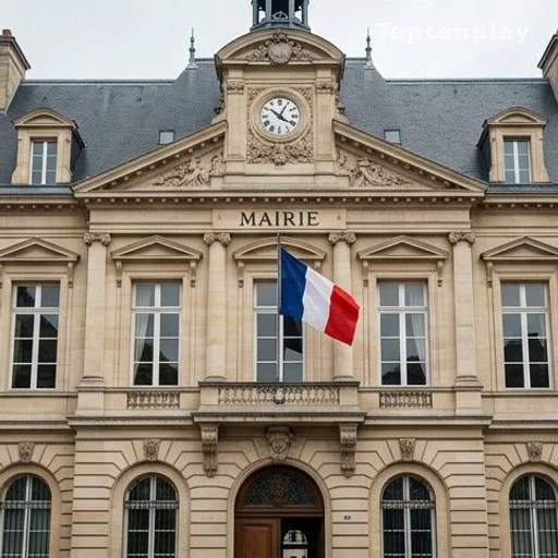 Façade d'un hôtel de ville français avec drapeau tricolore