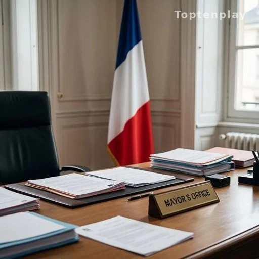 Bureau officiel de mairie avec drapeau français et documents administratifs
