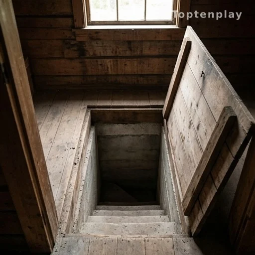 Trappe ouverte dans le plancher d'une vieille cabane en bois révélant un escalier en béton
