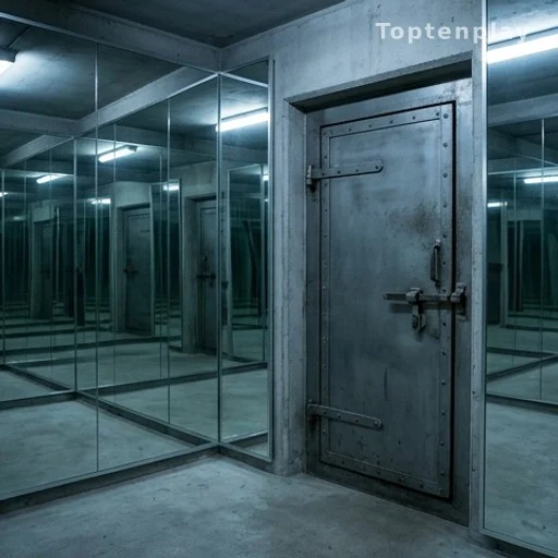 Sous-sol avec murs couverts de miroirs et porte métallique encastrée dans le béton