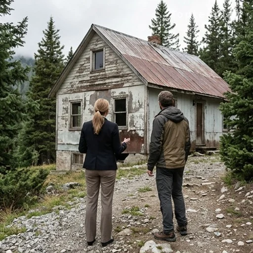 Visiteurs de dos devant une vieille cabane de montagne en bois entourée d'arbres