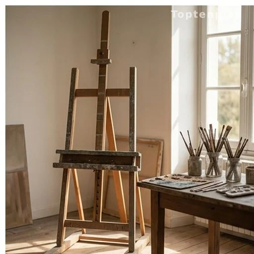 Atelier de peintre vide avec chevalet et pinceaux, lumière tamisée