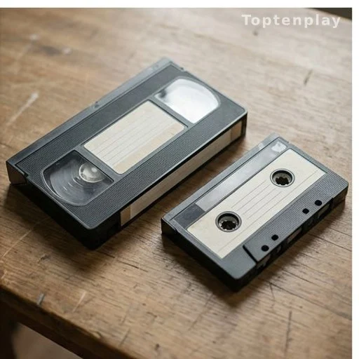 Cassette single et VHS des années 1980 posés sur une surface en bois
