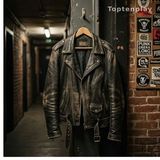 Veste en cuir backstage évoquant la scène rock punk des années 1980