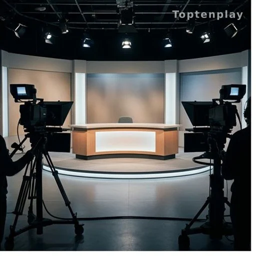 Plateau de télévision des années 1990 vide sous les projecteurs de studio
