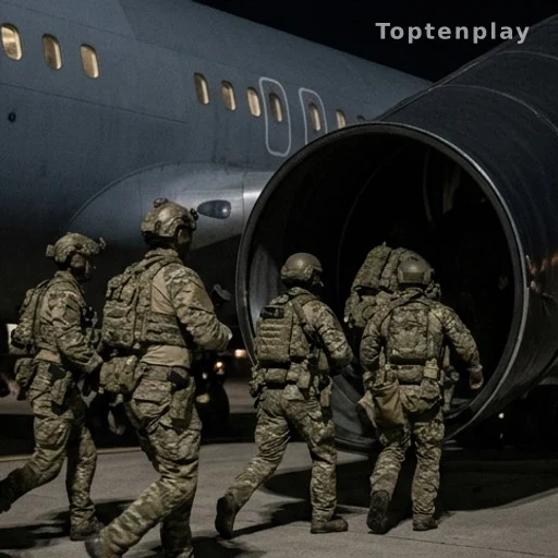 Équipe de forces spéciales en tenue tactique s'apprêtant à monter dans un avion en vol