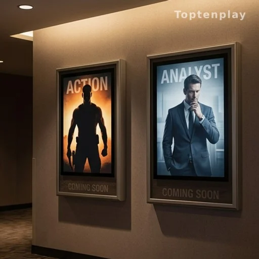 Affiches de films d'action des années 90 côte à côte sur un mur de cinéma
