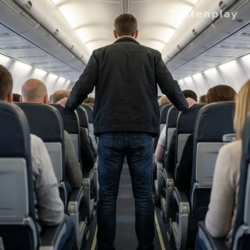 Homme en civil debout dans l'allée d'un avion de ligne sous tension