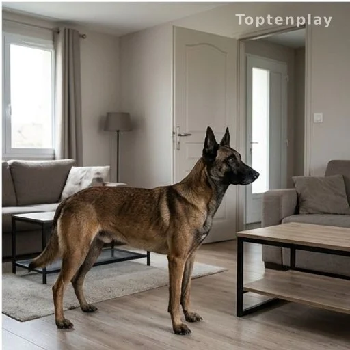 Berger malinois dans un salon familial, lumière d'après-midi