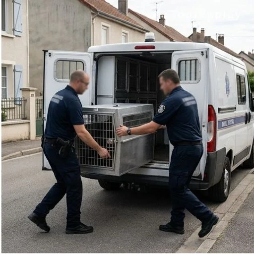 Agents spécialisés évacuant un chien dans un véhicule dédié après un incident