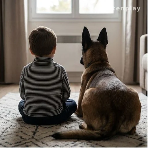 Enfant en bas âge assis près d'un grand chien, vus de dos dans un intérieur